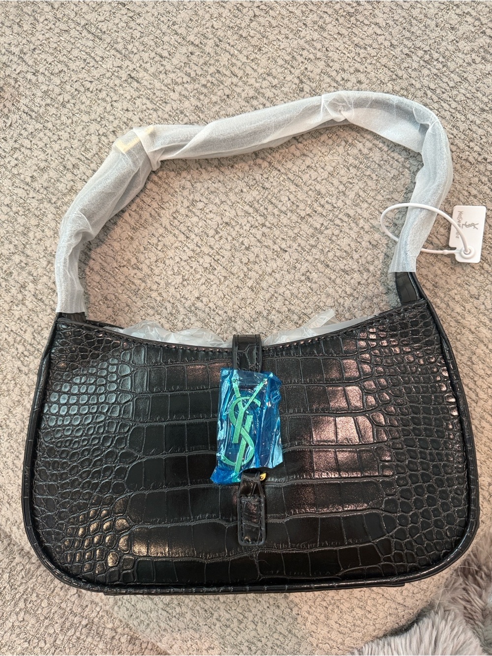 Black Croc-Embossed Shoulder Bag with Logo Hardware